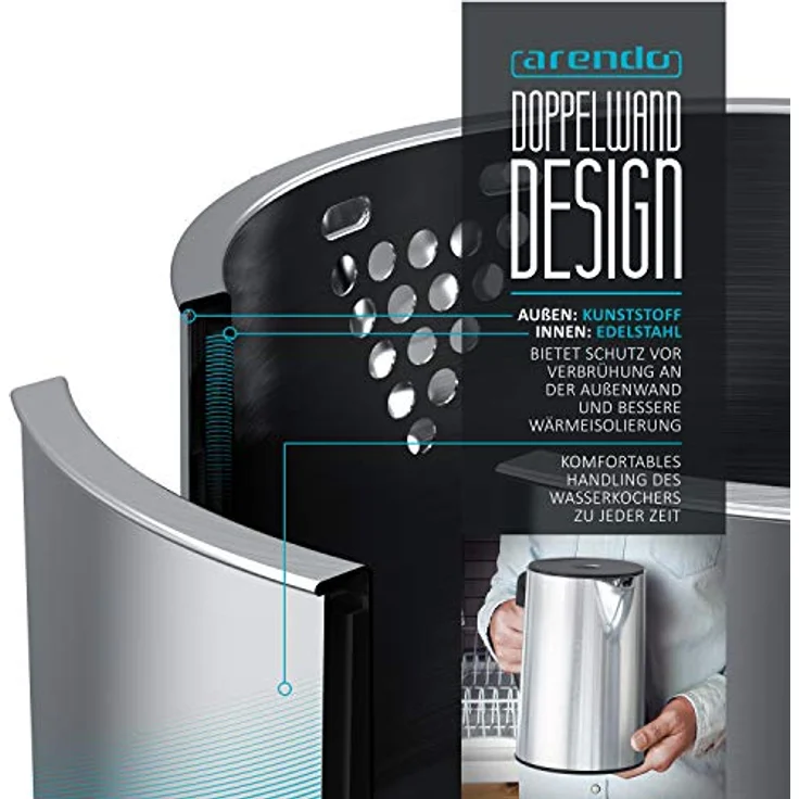 Arendo Edelstahl Wasserkocher mit Temperatureinstellung 40-100 Grad in 5er Schritten - Doppelwand Design - Modell ELEGANT - 1,5 Liter - 2200 W - Teekocher mit Temperaturanzeige - Silber glänzend – Bild 4