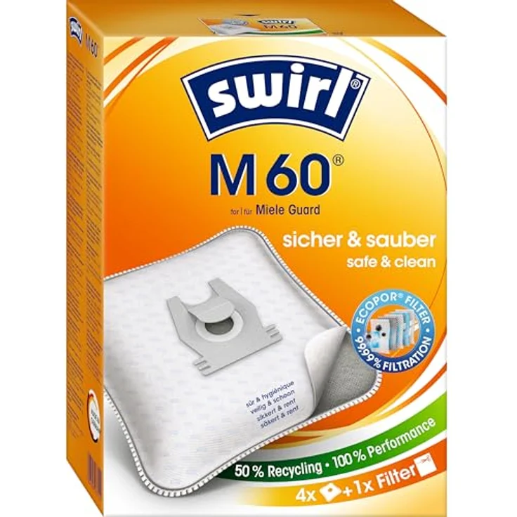 Swirl M 60 EcoPor Staubsaugerbeutel (4 Beutel), reißfeste Filterbeutel für Miele & Hoover Staubsauger, 99,9% Hausstaub- und allergener Feinstaubfilterung – Bild 1