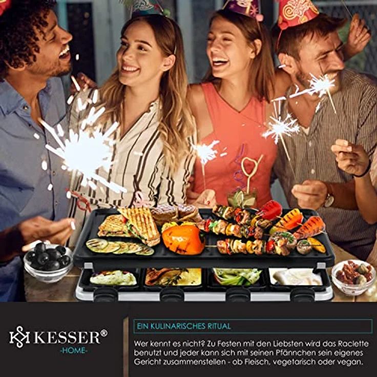 KESSER® Raclette-Grill mit Naturgrillstein und Grillplatte, Tischgrill für 8 Personen, Elektrogrill mit 1200W, antihaftbeschichtet, inklusive 8 Pfannen und Holzspatel – Bild 5