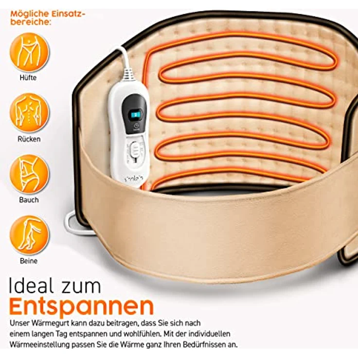 sinnlein Heizkissen elektrisch Beige für Bauch und Rücken Heizgürtel mit 3 Temperaturstufen & Abschaltautomatik Wärmegürtel mit verstellbarem Band und Klettverschluss – Bild 2