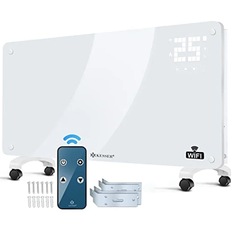 KESSER® Glaskonvektor Glasheizung Elektroheizkörper APP WiFi Funktion Inkl. Fernbedienung Elektroheizung Stand- oder Wand Heizung Heizkörper | Touchscreen | LCD-Display | Timer | 2500 Watt | Weiß – Bild 1