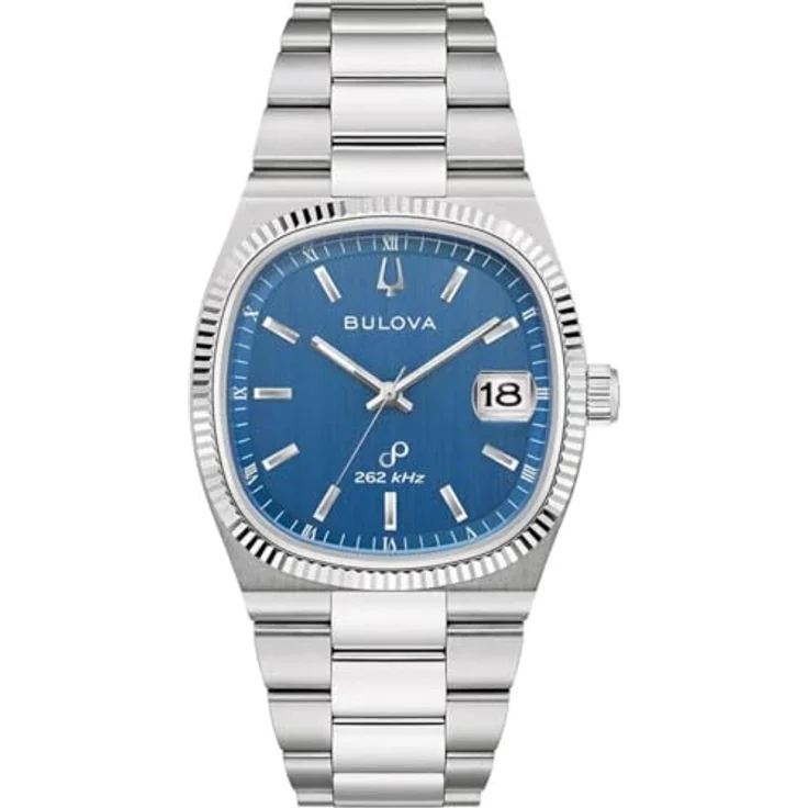 Bulova Herrenuhr Quarz Super Seville Stahl/Blau 96B440, Analog mit Kalender und kratzfestem Antireflex-Saphirglas