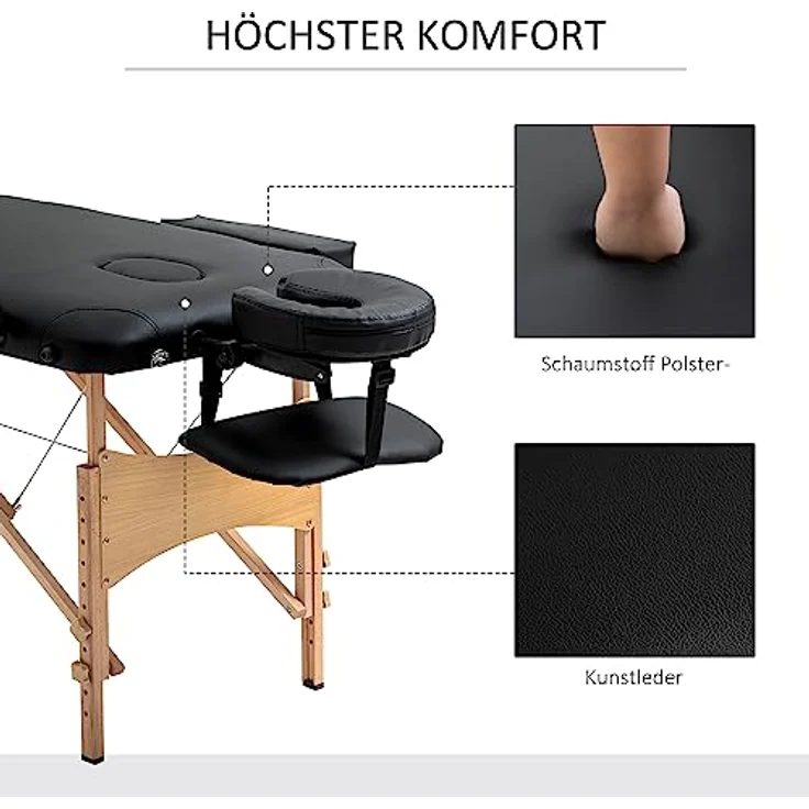 HOMCOM Klappbares Massagebett, Massageliege mit Kopfstütze, Kunstleder, verstellbare Höhe, belastbar bis 250 kg, Schwarz – Bild 6
