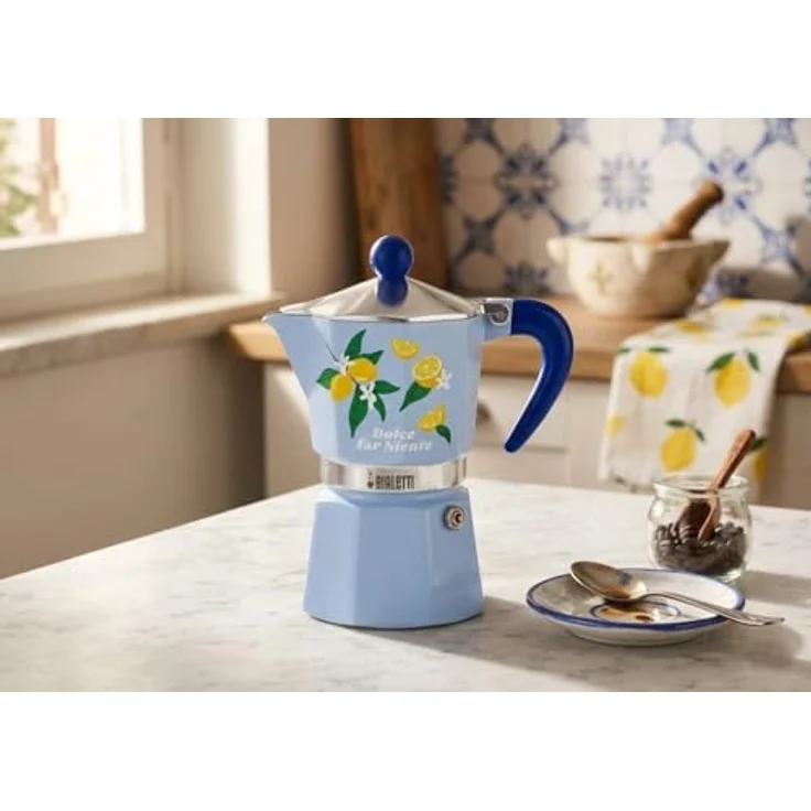 Bialetti Moka Rainbow Dolce Far Niente, 3-Tassen-Kaffeemaschine aus Aluminium mit Zitronenmuster, manuelle Espresso-Zubereitung, blau, 130 ml – Bild 2