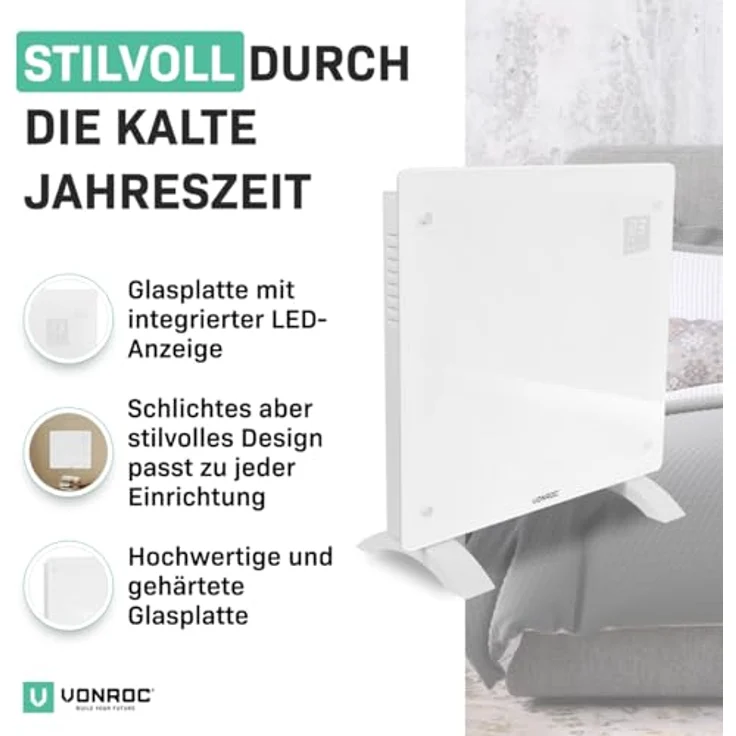 VONROC Elektroheizung, Konvektor-Heizung - Energiesparende elektrische Heizung bis 12m2 - Wand-/Bodenmontage - 2 Stufen 500W & 1000W, Manuelle/App Steuerung - weiß – Bild 2