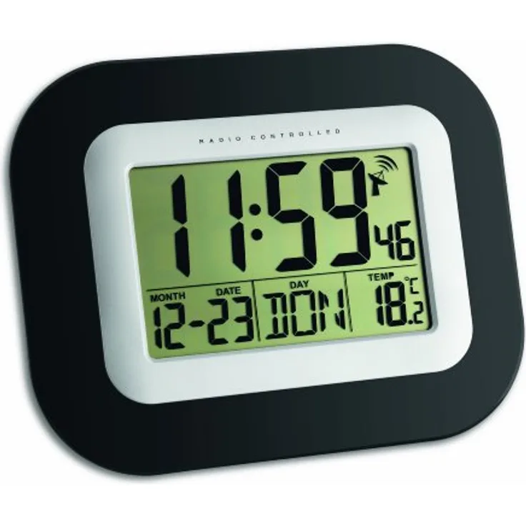 TFA Dostmann Digitale Funkuhr 60.4503, Wanduhr mit Innentemperatur, Wochentag und Datum, schwarz, L 225 x B 31 x H 180 mm, Wecker mit Snooze Funktion und großem Display