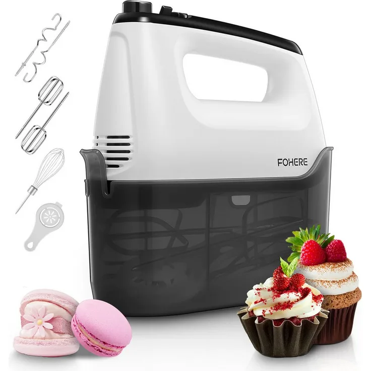 FOHERE Handmixer HB-400, 6 Geschwindigkeiten, Turbo-Funktion, 6 Edelstahl-Zubehörteile, Aufbewahrungsbox, vertikales Design