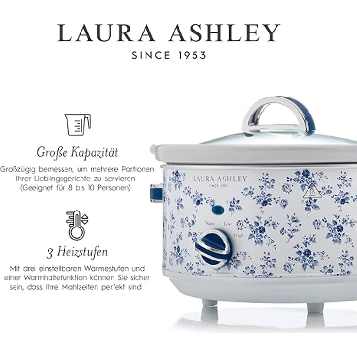 VQ Laura Ashley 6,5 Liter Schongarer mit China Rose Print, Slowcooker für 8-10 Personen, energieeffizient, 3 Heizstufen, gehärteter Glasdeckel – Bild 4