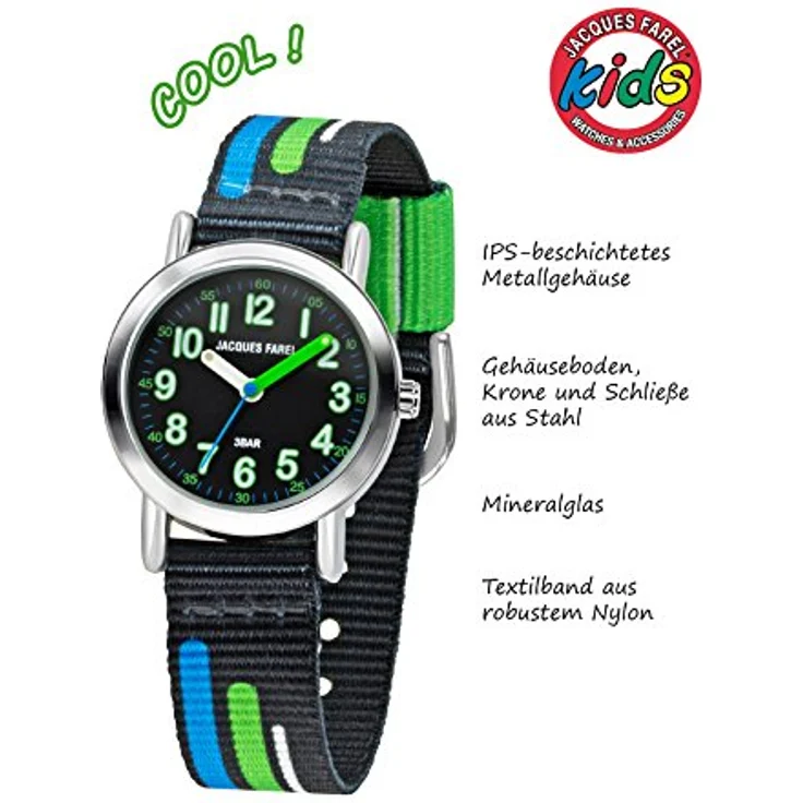 JACQUES FAREL Kinder-Armbanduhr Jungen Analog Quarz mit Stoffband Textilband Schwarz Blau Grün KPS 403, IPS-beschichtetes Metallgehäuse, deutliches Zifferblatt, Original japanisches Quartzwerk – Bild 3