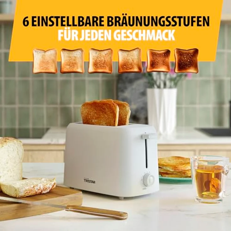 Tristar Toaster BR-1061, 2 Scheiben, 650W, 6 Bräunungsstufen, Auftauen-, Aufwärm- und Stoppfunktion, automatische Abschaltung, Krümelschublade, Brötchenaufsatz – Bild 5