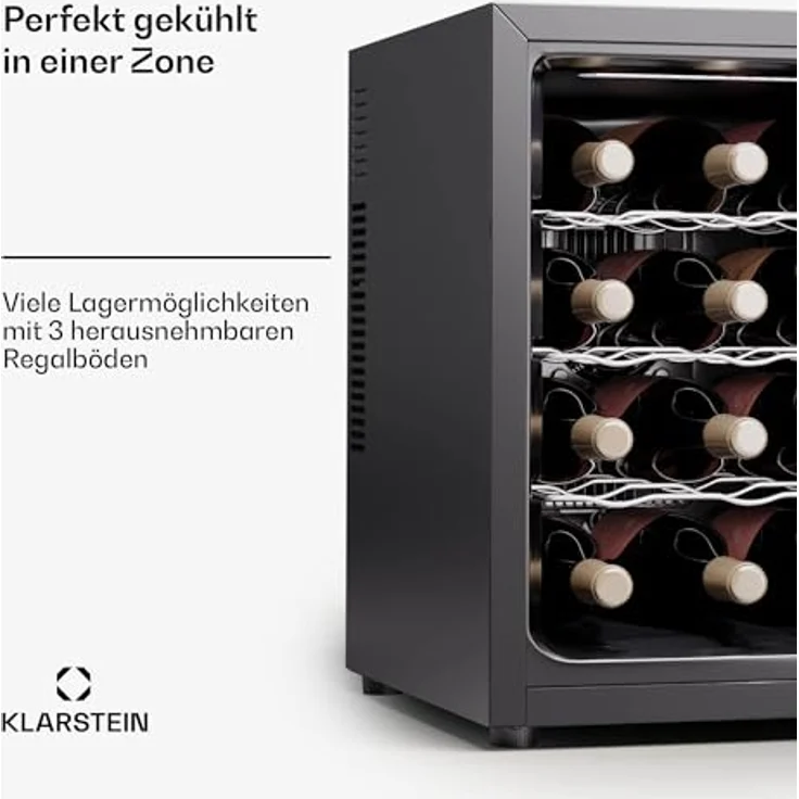 Klarstein Freistehender Weinkühlschrank 1 Zone, Getränkekühlschrank Klein, Kleiner Weinschrank, Wein-Kühlschrank Klein mit Glastür, Indoor/Outdoor Flaschenkühlschrank, Wine Fridge, 12 Flaschen – Bild 4