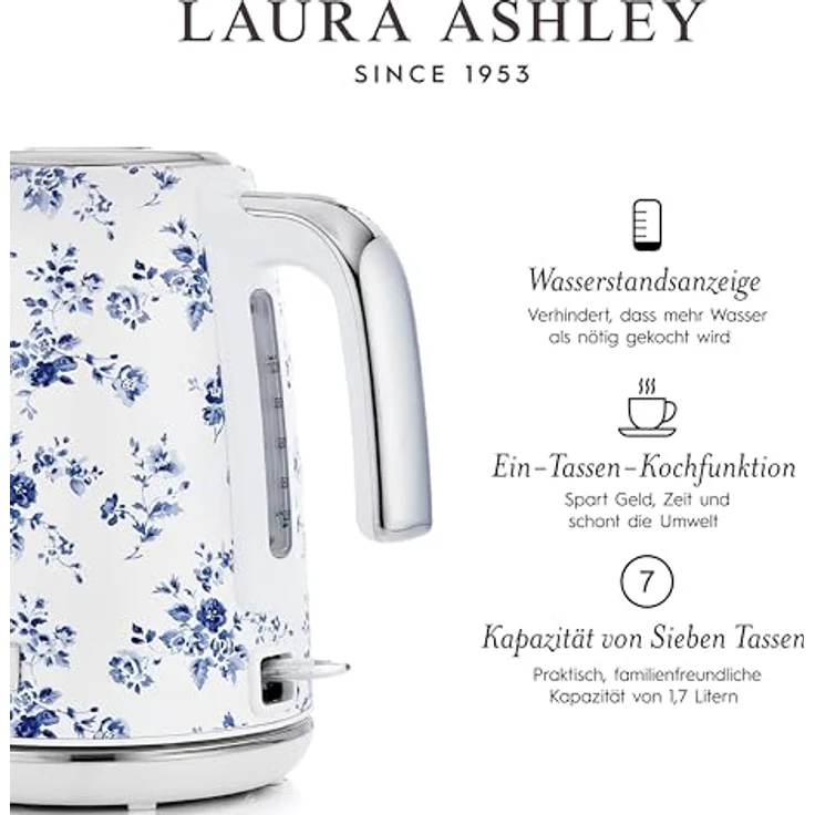 VQ Laura Ashley China Rose Kabelloser Edelstahl-Wasserkocher, 1.7 Liter, 2.2 kW Schnellkochtechnologie mit Überhitzungsschutz und externem Thermometer – Bild 5