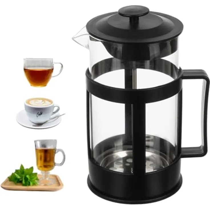 Ruhhy French Press Teebereiter mit dreifachem Edelstahlfilter für losen Tee Kaffeepresser 1 Liter Hitzebeständiges Glas in Schwarz