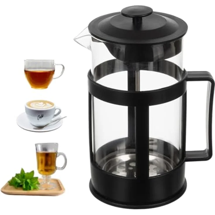Ruhhy French Press Teebereiter mit dreifachem Edelstahlfilter für losen Tee Kaffeepresser 1 Liter Hitzebeständiges Glas in Schwarz – Bild 1