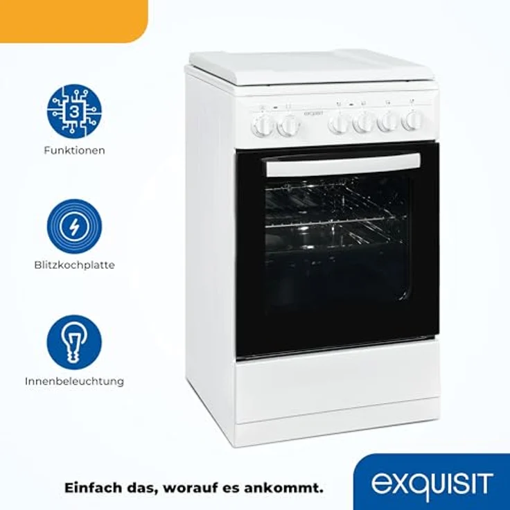 Exquisit Standherd 50 cm, Massekochfeld, 48 l Garraum, einfach zu bedienen, Elektro-Standherd weiss – Bild 3
