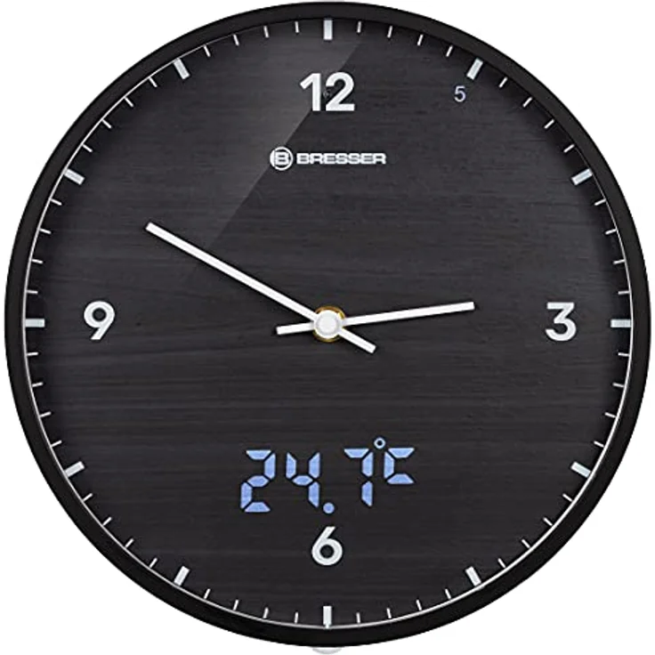Bresser MyTime Wanduhr mit Funk ohne Tickgeräusche mit 24 cm großem Ziffernblatt, LED  Sekundenanzeige, Innentemperatur und geräuschlosem Funkuhrwerk, schwarz – Bild 2