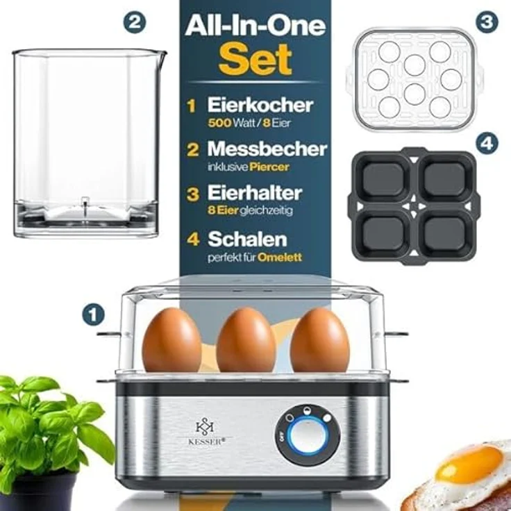 KESSER® Eierkocher für 1 bis 8 Eier, elektrisch aus Edelstahl 500W mit Warmhaltefunktion, LED-Drehschalter, drei Härtegrade, BPA-frei & spülmaschinenfest, inkl. Messbecher, Eierhalter & Omlettschale, Silber – Bild 5