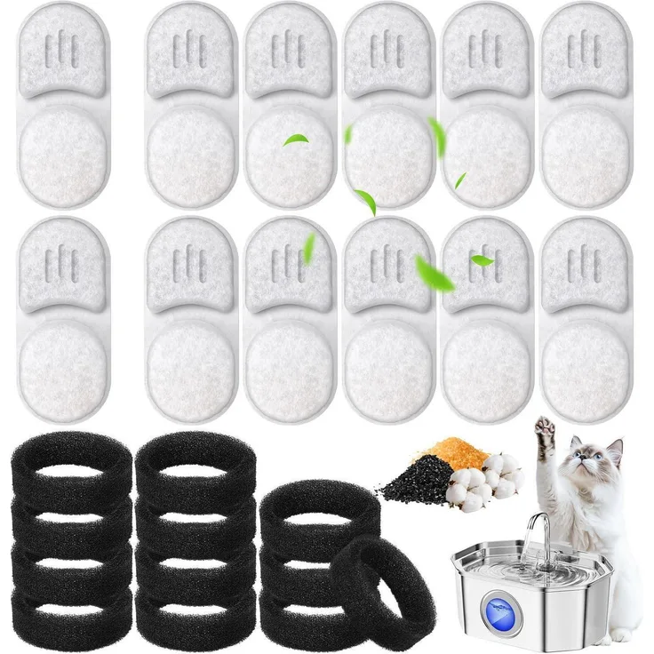 TEOKANTZ 12x Ersatzfilter für Katzenbrunnen, inkl. 12 Schwämme, 4-lagige Filtration für sauberes Trinkwasser, kompatibel mit Apuk APFSS-3201