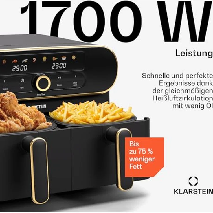 Klarstein AuraAir Color Touch Dual Heißluftfritteuse - 11L Dual-Kammer Airfryer, 1700 W, 8 Programme, Touchscreen, Weniger Fett, Antihaft, Überhitzungsschutz, Automatische Abschaltung, Schwarz/Gold – Bild 4