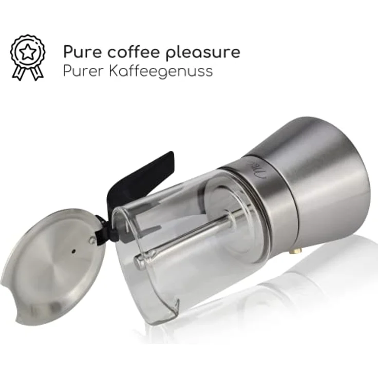 Milu Espressokocher Induktion geeignet | Edelstahl Glas Mokkakanne, Espressokanne, Espresso Maker Set inkl. Untersetzer, Löffel, Bürste 200ml – Bild 6