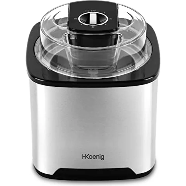 H.Koenig SRB80 Eismaschine, Kapazität 2 l, 12 W, Edelstahl, 30 bis 40 min Zubereitung, 30 U/min, automatische Abschaltung, transparenter Deckel, abnehmbarer Behälter – Bild 1