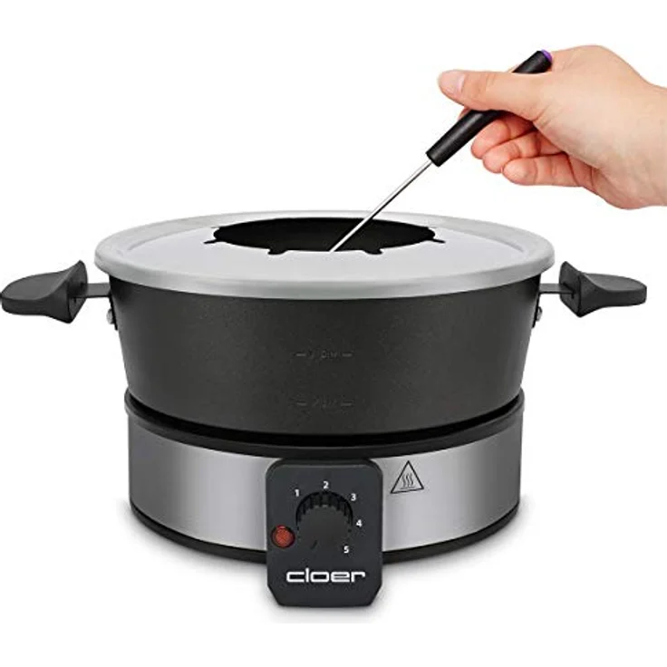 Cloer 6679 Fondue für 8 Personen, beschichteter Aluminiumtopf, inklusive Spritzschutz, 8 farbig markierte Gabeln 1,5 Liter, 1000 W, silber, schwarz – Bild 2