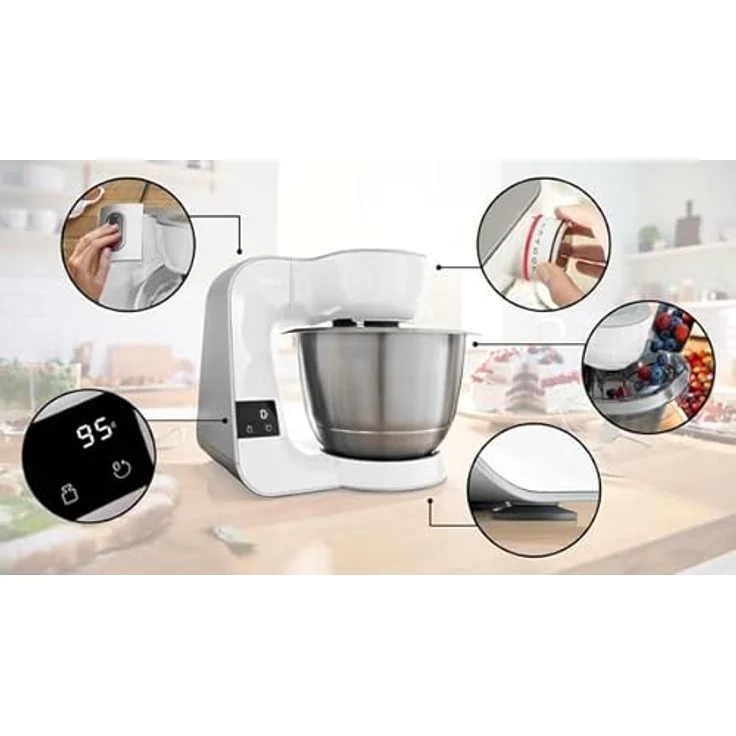 Bosch MUM5X220 Küchenmaschine, 1000 Watt, 3,9 Liter, integrierte Waage, 7 Geschwindigkeiten, Kunststoff, 3D PlanetaryMixing, EasyArmLift, weiß - Preisvergleich – Bild 3