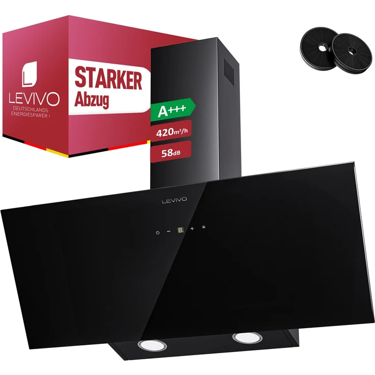 Levivo A+++ Kopffreie Dunstabzugshaube 80cm, Umluft & Abluft mit 420 m³/h, 2 Aktivkohlefiltern, 1 Fettfilter, 3 Stufen & Booster, silber