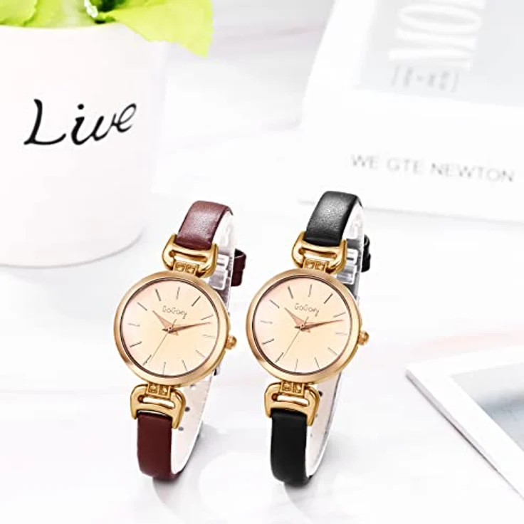 JewelryWe 2pcs Analog Quarz Armbanduhr für Damen, Klassisches Design mit Lederarmband, Schwarz/Braun, Wasserdicht – Bild 2