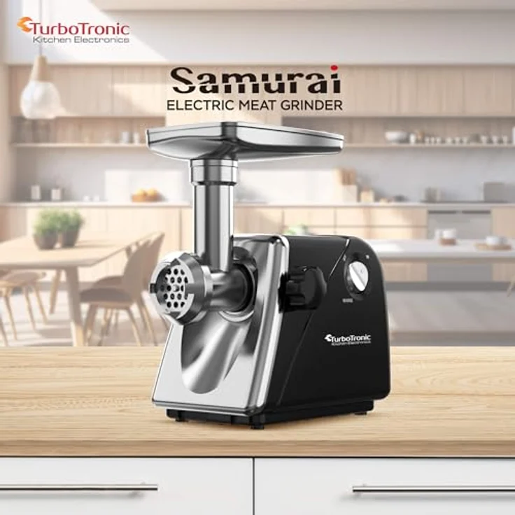 TurboTronic Elektrischer Fleischwolf Samurai - 2000W, rostfreie Edelstahl Klingen, Metallgetriebe, Wurstfüller mit Spritzgebäckvorsatz, Kebbeh Aufsatz, Hackfleisch Mett, Silber – Bild 7