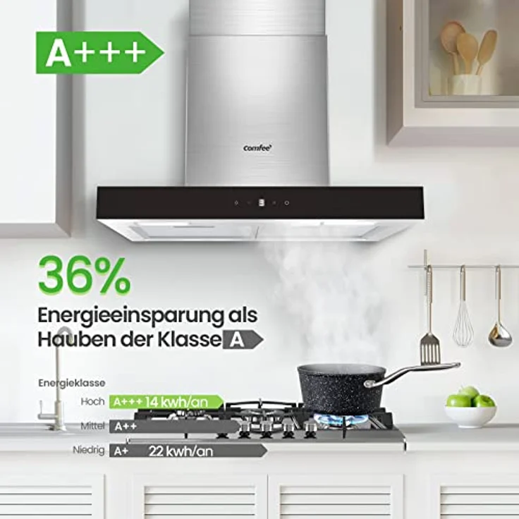 COMFEE' A+++ Dunstabzugshaube 60cm Umluft & Abluft, CHW 7.6M77A3 650m³/h Wandabzugshaube mit 1 Kohlefiltern, 4 Geschwindigkeiten, Touch Control, LED-Beleuchtung Wandhauben, Glas in Inox, Schwarz – Bild 2