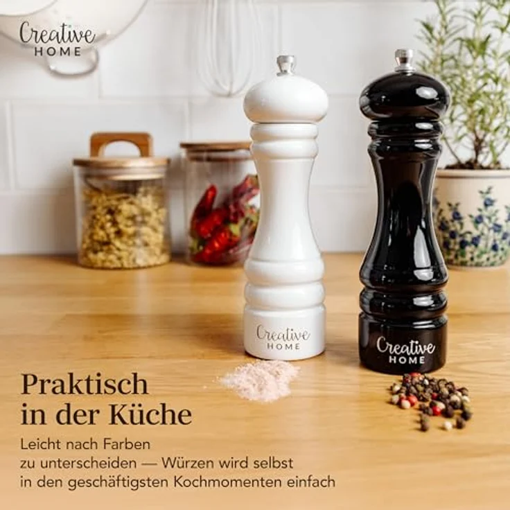 Creative Home Set von 2 großen Salz- und Pfeffermühlen aus Buchenholz, manuelle Mühle mit britischem Design, 18 cm Höhe, in Weiß und Schwarz, inkl. Mini-Holzschaufel – Bild 3