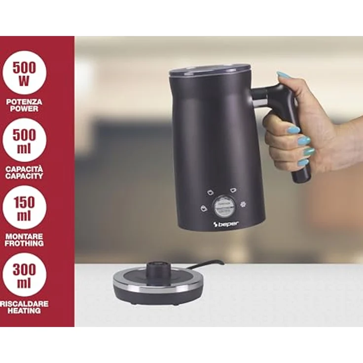 BEPER P101CAF001 Elektrischer Milchaufschäumer, 300 ml schwarz, 4 Funktionen, 500W Leistung – Bild 2