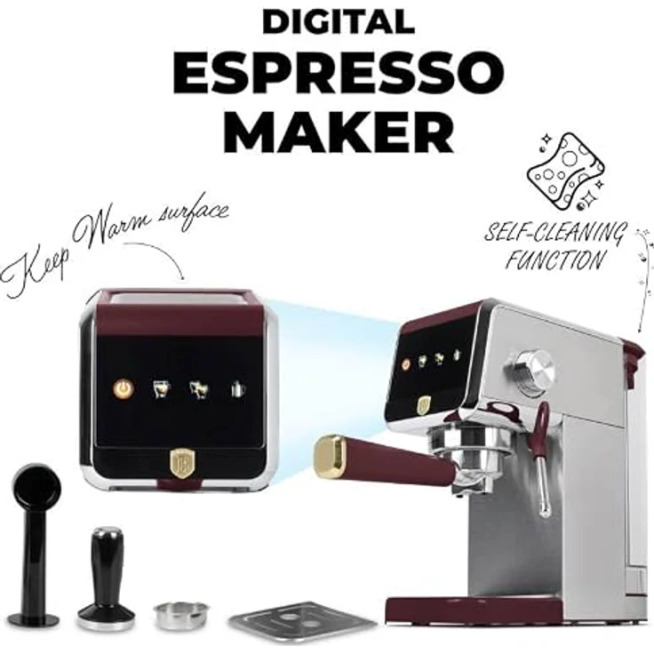 Berlinger Haus 2-in-1 Kaffeevollautomat Leonardo Collection, Automatischer und Siebträger, Digitale Steuerung, Edelstahl, bordó, mit professionellem Milchaufschäumer und Touchscreen-Display – Bild 2