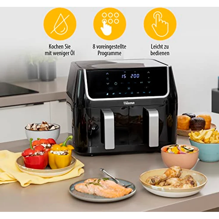 Tristar Heißluftfritteuse mit Doppelkammer FR-6970 – 60% weniger Energieverbrauch – 2 x 4,5L Fassungsvermögen – 1800 W – separate Temperaturen für 2 Kammern – 8 Programme – Schwarz – Bild 4