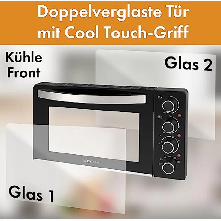 Clatronic® Mini-Backofen mit Kochplatten und Drehspieß - gleichzeitig kochen u. backen - Minibackofen 28L Umluft Ober-/Unterhitze 100°-230°C, Elektrischer Mini Ofen 3100 Watt inkl. Zubehör - KK 3786 – Bild 4