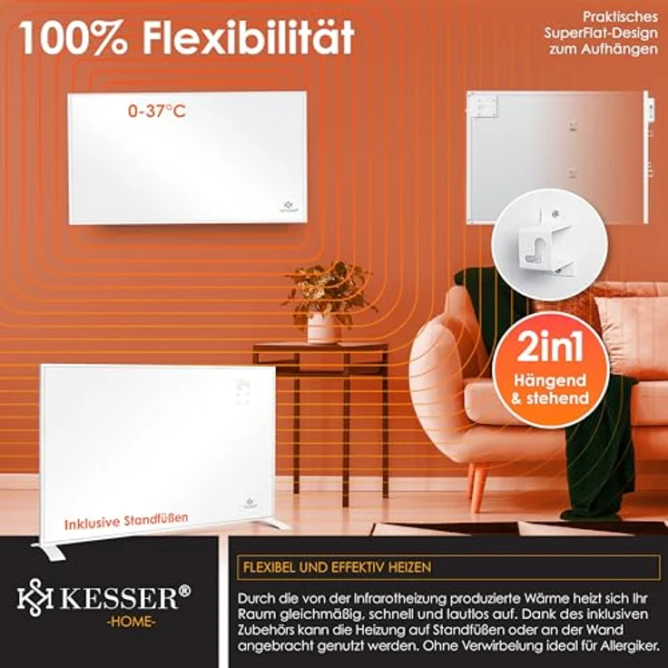 KESSER® Infrarotheizung Energiesparend Infrarot Standgerät & Wandmontage Elektroheizung 540W mit Fernbedienung Thermostat & App-Steuerung Elektrisch Heizpaneel Heizung Konvektor Standfüße – Bild 4