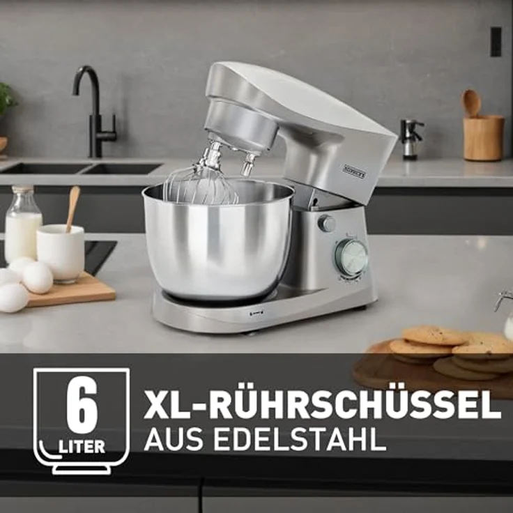 Heinrich´s HKM 8077 Küchenmaschine, Knetmaschine mit 1500W, 10 Geschwindigkeitsstufen, 6L Edelstahlschüssel, geräuscharm, silber – Bild 4