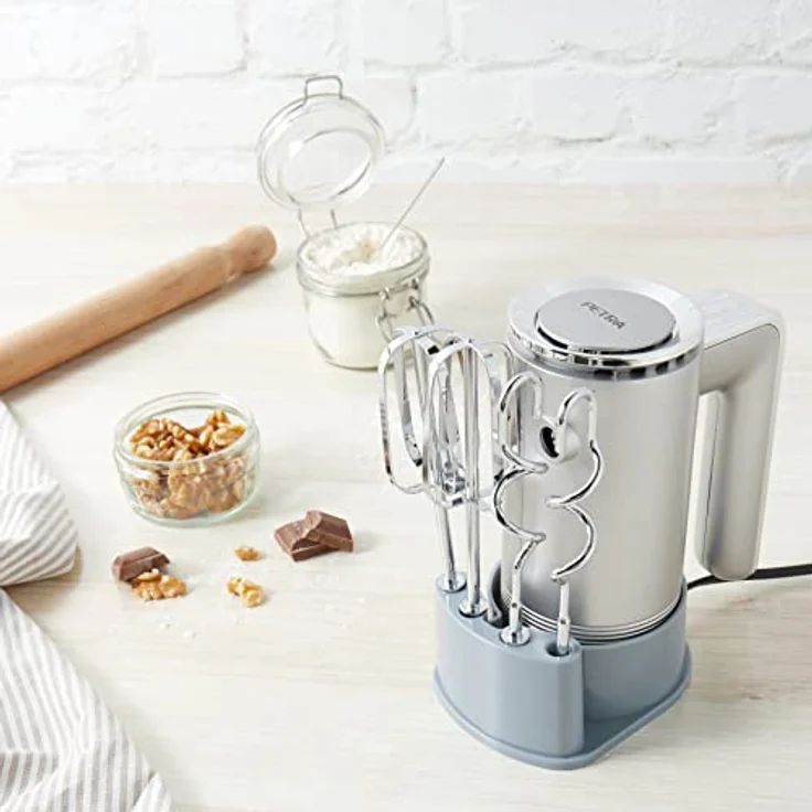 Petra PT5250VDEEU10 Handmixer mit Aufbewahrungshalterung - elektrischer Handrührer Schneebesen mit 5 Geschwindigkeiten and Turbo-Funktion, inkl. 2 Rührbesen/2 Knethaken, Schlagen/Kneten, 300 W, silber – Bild 3