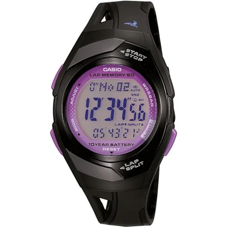 Casio Sports Damen- und Jugenduhr Digital Schwarz/Lila STR-300-1CEG, Kunststoffarmband, Dornschließe, anthrazitfarbenes Zifferblatt