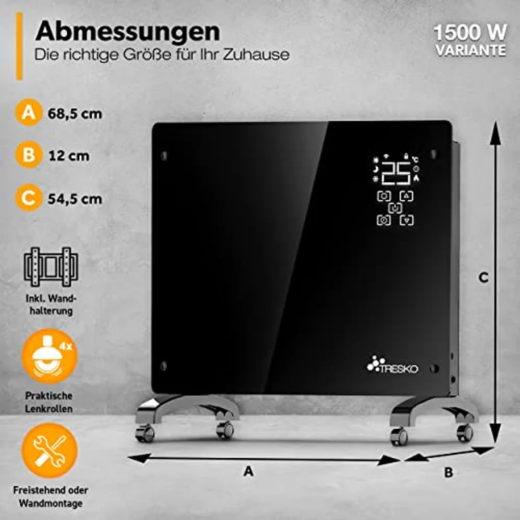 TRESKO Elektroheizung Schwarz 1500W inkl. WiFi & APP Glaskonvektor Konvektor Wand Heizung Glas Heizkörper Bad, Konvektor – Bild 3
