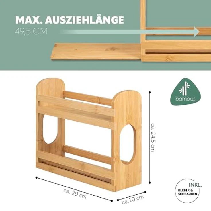 eluno Gewürzregal ausziehbar mit 2 Etagen aus Bambus 29 x 10 x 24,5 cm, praktischer Schrankorganizer in warmem Naturton – Bild 8
