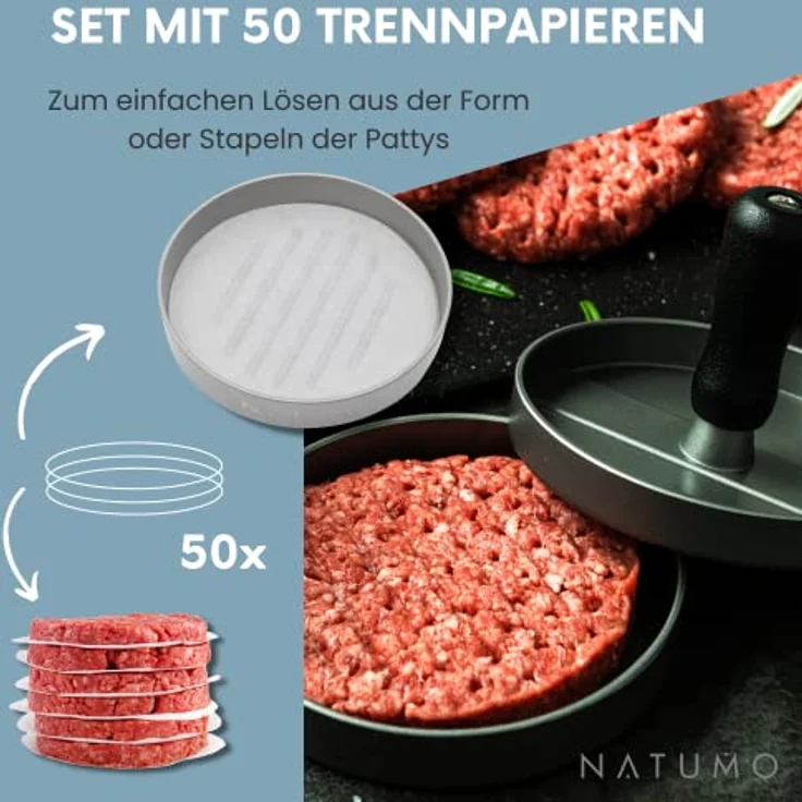 NATUMO Burgerpresse Set aus Hamburgerpresse und Burger Papier (50x Trennpapier), Burger Maker aus Aluguss (Ø 11cm, 200g), Profi Burger Pattie Presse mit Antihaftbeschichtung (Silber) – Bild 3