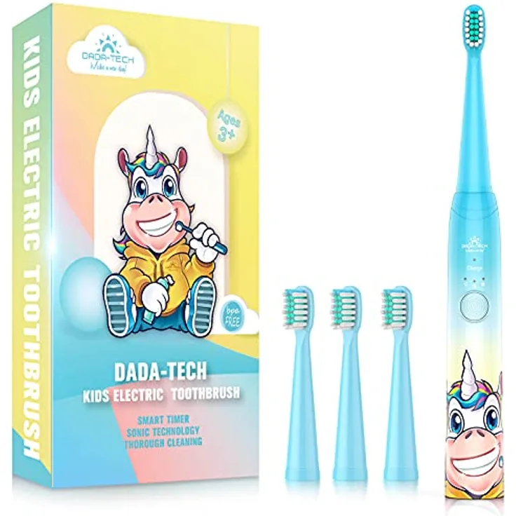 Dada-Tech Elektrische Zahnbürste Kinder Wiederaufladbare, Ultraschall kinderzahnbürste mit Timer mit Schalltechnologie für Jungen und Mädchen ab 3 Jahren (Blau Einhorn)