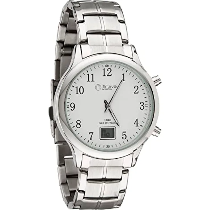 Miraval Funk-Armbanduhr mit Edelstahlarmband - Japanisches Quarzuhrwerk 41 mm, DCF77 Funksignal, Digitale & Analoge Anzeige, Datumsanzeige - Preisvergleich