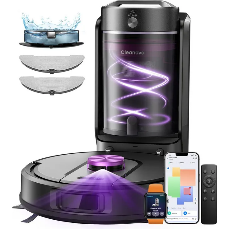 Vactidy Saugroboter W15 3-in-1, 10000Pa Saugkraft, 180 Min Akkulaufzeit, 4L Behälter, beutellos mit Selbstentleerungsfunktion und Wischfunktion
