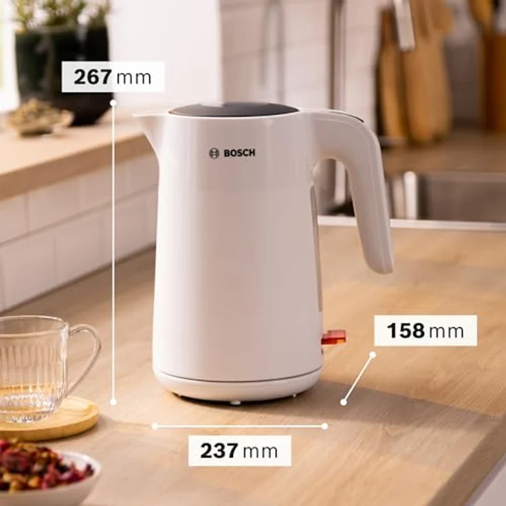 Bosch kabelloser Wasserkocher My Moment TWK2M161, Abschaltautomatik, Überhitzungsschutz, Tassenanzeige, entnehmbarer Kalkfilter, Trockengehschutz, Dampfstopp-Automatik, 1,7 L, 2400 W, Weiß matt – Bild 2