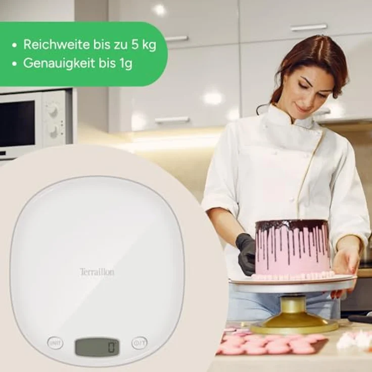 Terraillon Küchenwaage, Mit Tara-Funktion, Flüssigkeitsanzeige, Griffaussparung, Bis 5 kg, Macaron, Weiß – Bild 5