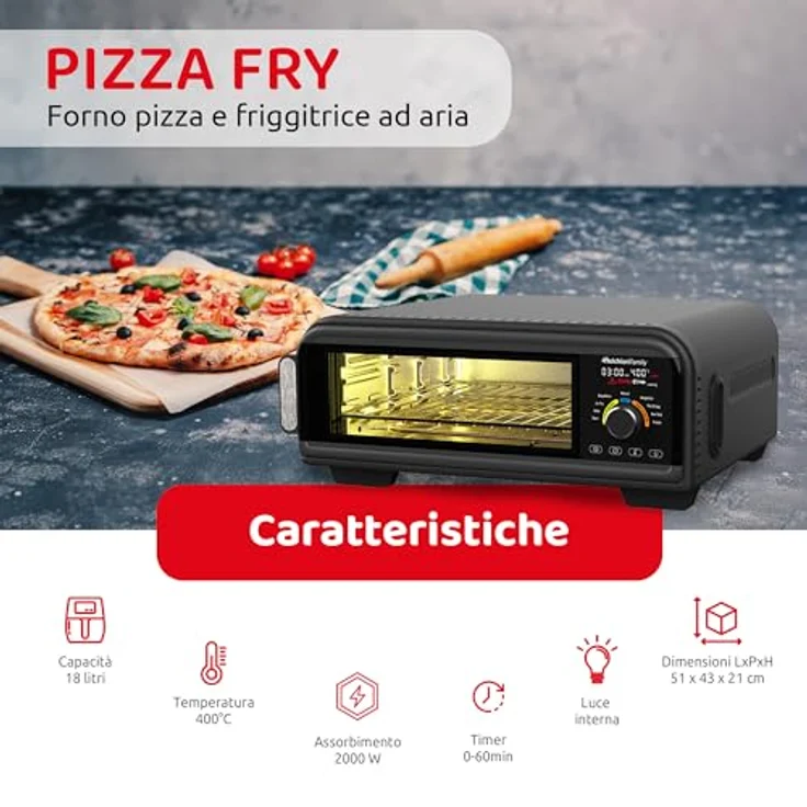 Melchioni Heißluftfritteuse PIZZA FRY 18L, 2000 W, 2in1 Pizzaofen und Heißluftfritteuse mit 400°C, digitale Steuerung, 9 Automatikprogramme – Bild 2
