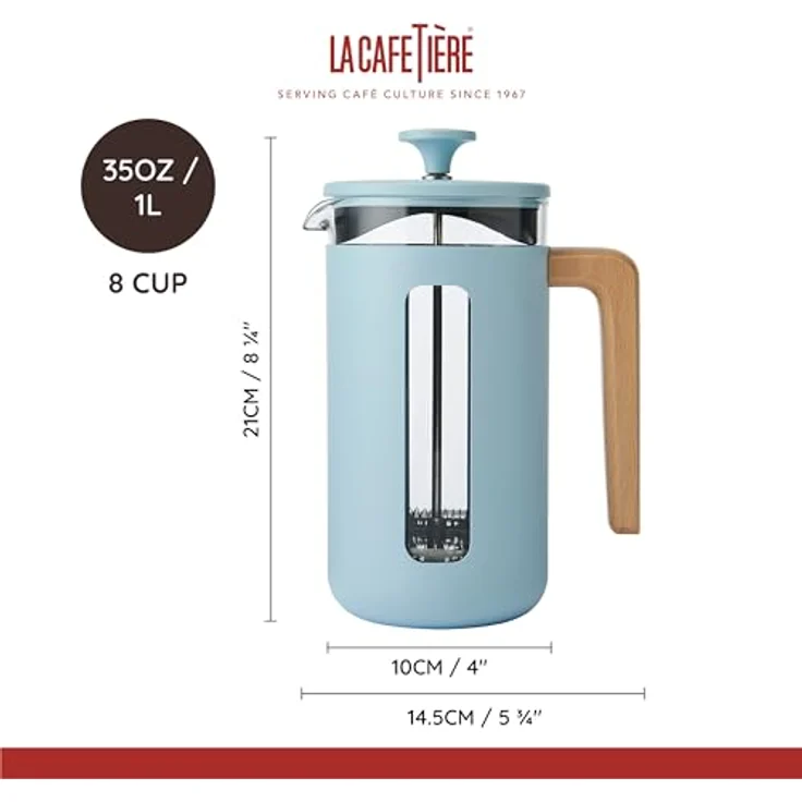 La Cafetière Pisa Kaffeebereiter, 8 Tassen, himmelblau, langlebiger Edelstahl-Kolben, hitzebeständige französische Presse mit Naturholzgriff, 1 l – Bild 2